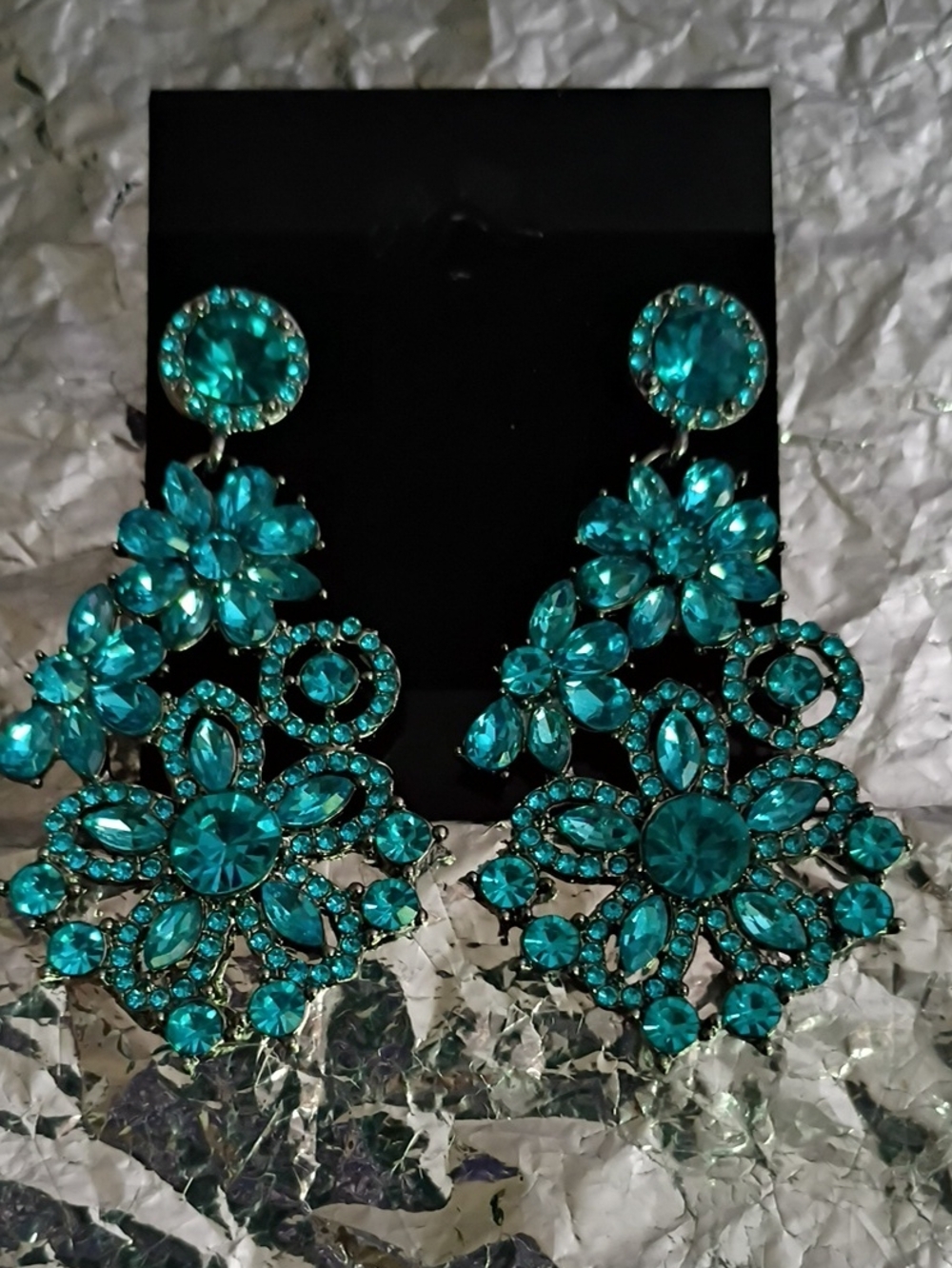 Turquoise Crystal Floral Drop Earrings - Women Jewelry